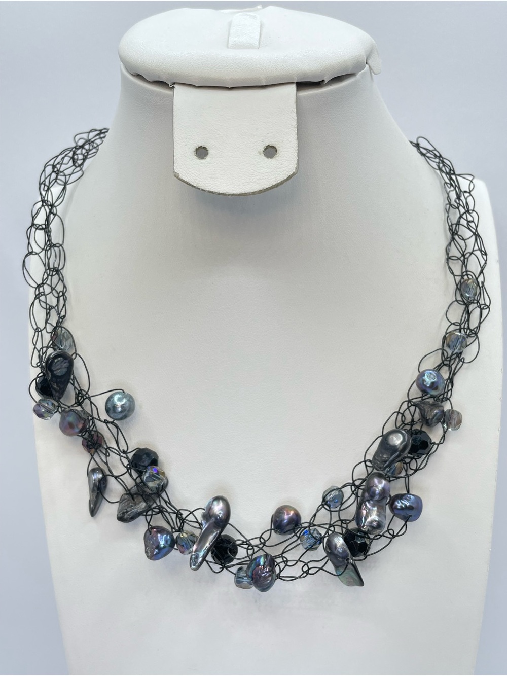 Black Peacock Freshwater Pearl Gunmetal Wire Wrap Statement Necklace Artistic